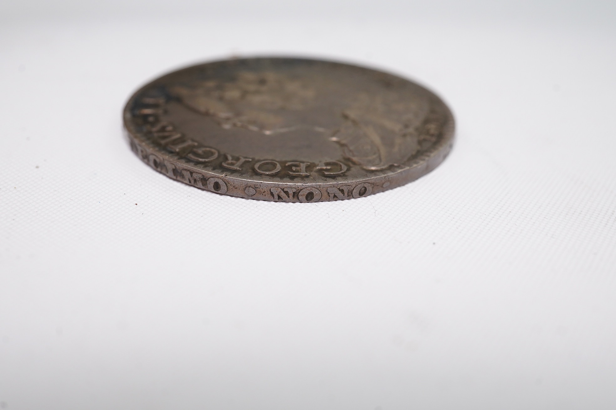 British silver coins, George II 1746 Lima Halfcrown, S.3695A, obv. old laur. and dr. bust LIMA below reads GEORGIVS, edge D.NONO, about VF